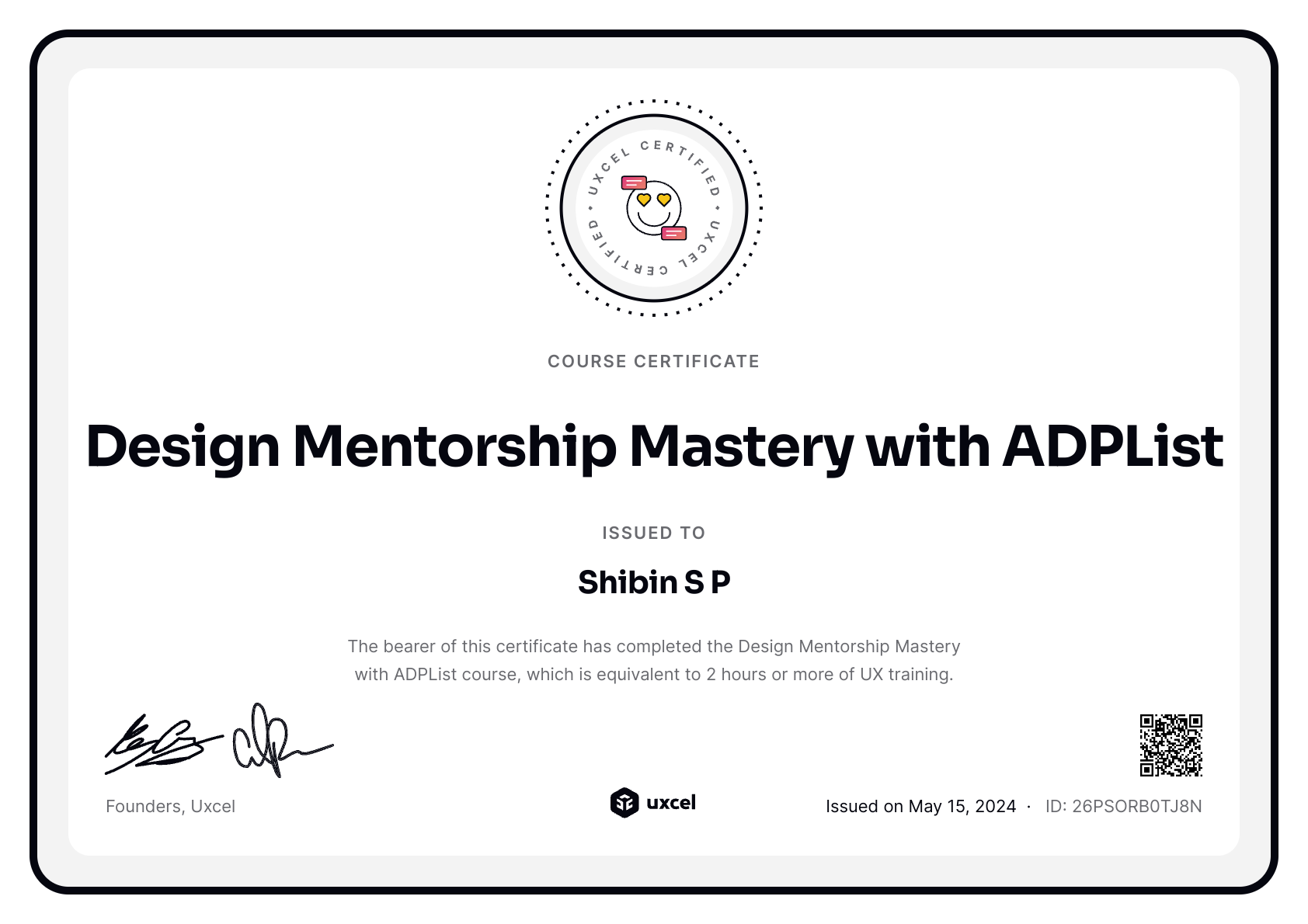 Shibin S P's certificate